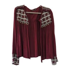 Zara Burgundy Lightweight Jacket  L Burgundy With Coins Embroidery Boho Gypsy